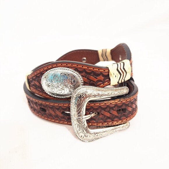Women’s Hand Tooled Leather Western Concha Belt 28 Aztec Wraps - Picture 1 of 5